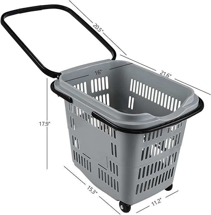 50 L Shopping Basket with Wheels and Handle, Grey Plastic Rolling Shopping Basket, 4 Packs