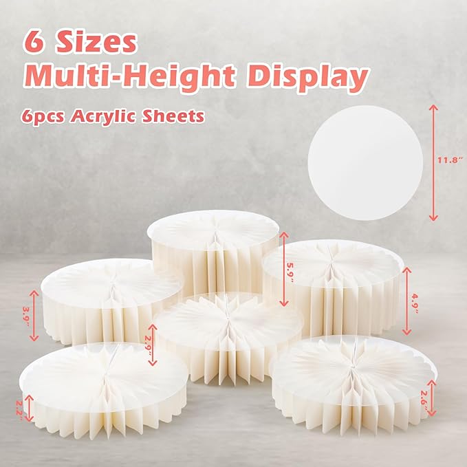 6Pcs Buffet Risers, Foldable Food Risers for Buffet Table, 12" Reusable Cardboard Display Risers Cylinder Stands with Acrylic Plates for Party, Wedding, Catering & Birthday Decor