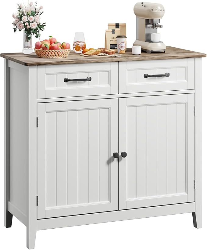 Gizoon Kitchen Sideboard Buffet Cabinet, 32'' H Large Kitchen Storage Island and Adjustable Shelf, Modern Coffee Bar Console Cabinet for Dining Room, Bathroom, Entryway, Grey