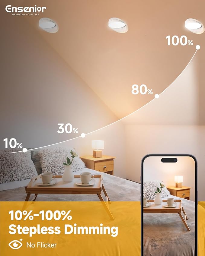 Ensenior 12 Pack 6 inch 5CCT LED Eyeball Recessed Lighting, 360°+90° Rotatable, Dimmable Gimbal Recessed Lights, Canless Angled Adjustable Ceiling Downlight, 1300LM, 13W=115W, 120V - ETL&FCC