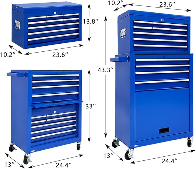 13-Drawer Rolling Tool Chest, 2-in-1 Heavy Duty Detachable Storage Cabinet with Lockable Wheels & Removable Top Box, 600 lbs Capacity for Mechanics, Garage Workshop (Blue)