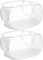 Strong Mesh Pop Up Laundry Basket, Collapsible Laundry Hamper with Side Pocket, Foldable Clothes Hamper with Durable Reinforced Handles for Laundry, Bathroom, Kids Room, Dorm or Travel 2 Pack White