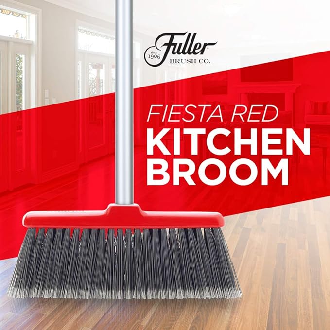Fuller Brush Adjustable Kitchen Broom – 10" Wide Broom Head with Split-End Bristles and Steel Handle (29"–52") for Sweeping Fine Dust and Crumbs – Red (Fiesta Broom Complete)