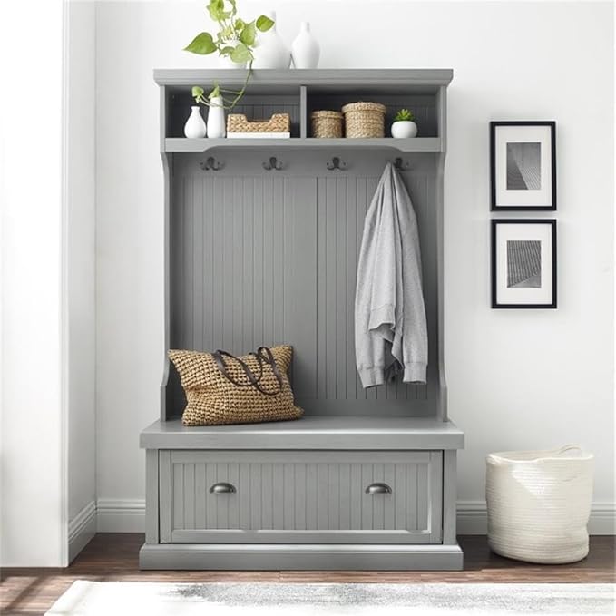Pemberly Row Coastal Wood Hall Tree in Distressed Gray and Chrome