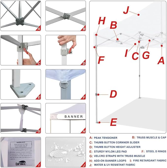Eurmax USA 10'x10' Pop-up Canopy Tent Commercial Instant Canopies with 4 Removable Zipper End Food Service Wall kit and Roller Bag, Bonus 4 SandBags(White)