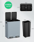 60L Dual Compartment Kitchen Trash Can, Hands-Free Stainless Steel Garbage Bin, Soft-Close Lid, Odor Control, Inner Bucket, Haze Blue, Perfect for Waste Sorting
