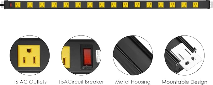 JUNNUJ Long Metal 16 Outlet Wide Spaced Garage Industrial Heavy Duty Power Strip with 6 FT Cord 15A, 125V, 1875W. Yellow
