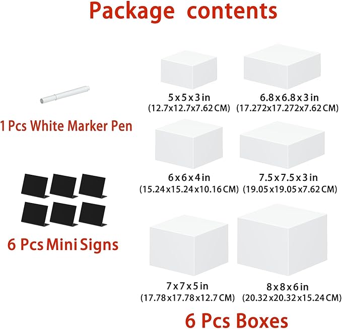 6 Pcs Medium-Sized White Acrylic Boxes for Display as Buffet Risers and Stands, Food Risers for Party, Table, including 8", 7.5", 7", 6.8", 6", 5" (Medium, White, 6Pcs, With Mini Signs)