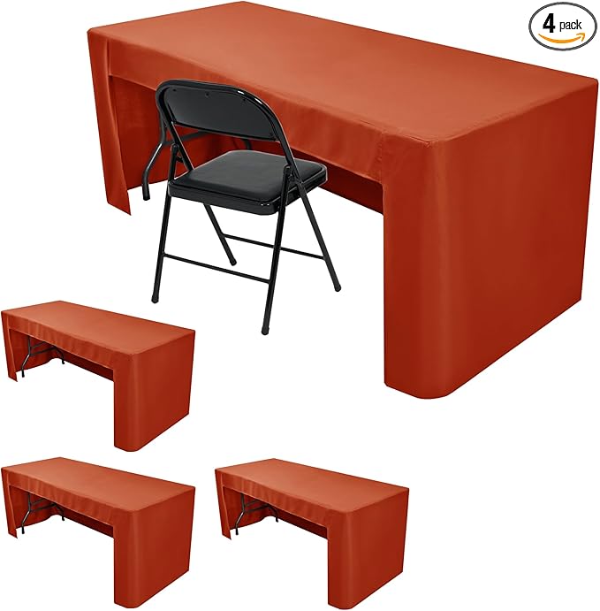 HolidayIdeas 4 Pack 3-Sided Christmas Fitted Tablecloth for 8ft Tables, Open Back Rust Table Cover for Vendor Booth Display, Craft Fair, Trade Show, Allows Seating & Easy Access Storage