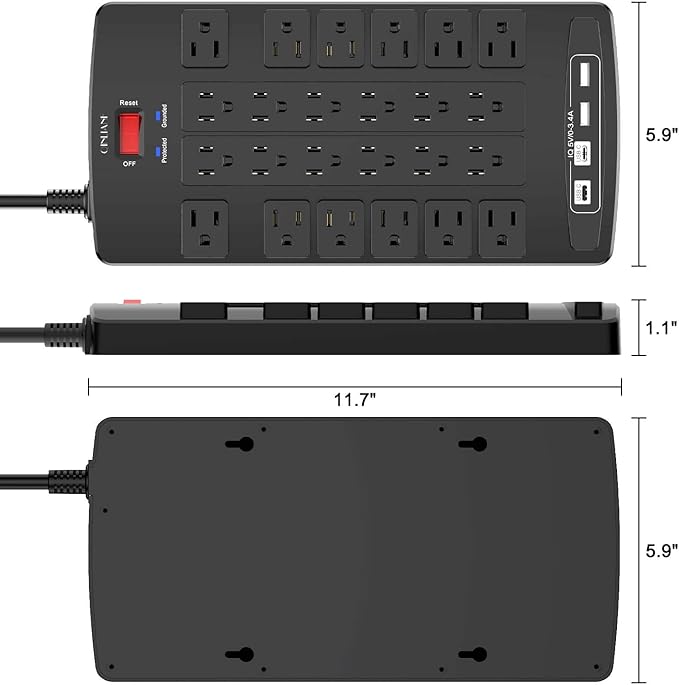 Surge Protector Power Strip - QINLIANF 15Ft Flat Plug Heavy Duty Extension Cord with 24 Outlets and 4 USB Ports(1 USB-C Ports), 1875W/15A, 4100J, for Home, Office, Dorm, ETL Listed, Black