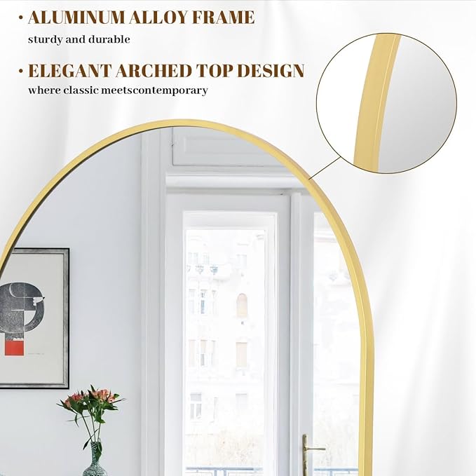 Koonmi 36"x80" Arched Full Length Mirror, Gold Large Floor Mirror with Aluminum Alloy Frame, Standing Hanging or Leaning Wall-Mounted Full Body Mirror for Living Room and Bedroom