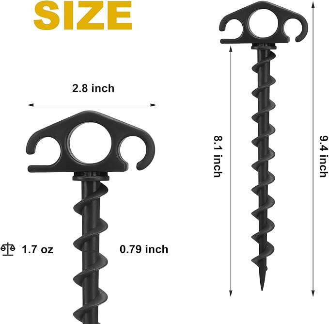 Tent Stakes Ground Anchors Screw in, 16 Pack Sand Stakes for Beach 9.4 Inch Heavy Duty Spiral Tent Pegs for Camping, Party, Hiking, Outdoor Decoration (16, Black)