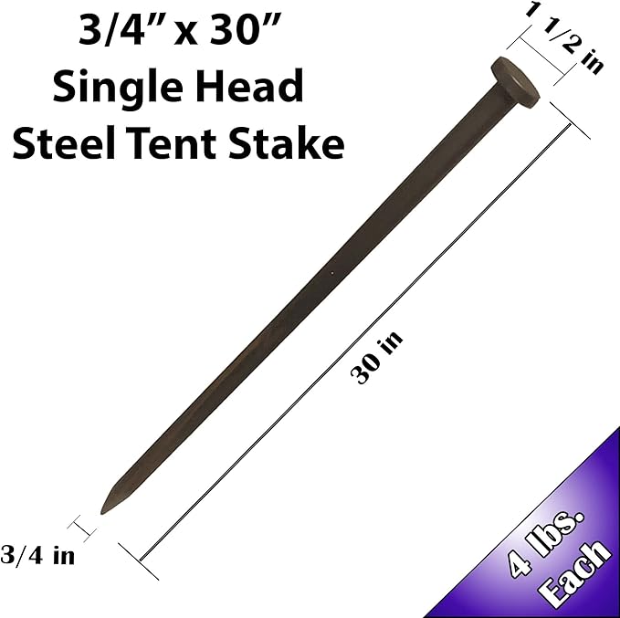 Single Head Tent Stakes - Heavy Duty Steel Tent Stakes, Versatile Ground Spikes to Anchor Commercial Inflatables, Party Tents, and Outdoor Camping Shelters, 3/4 x 30 Inch, 50-Pack