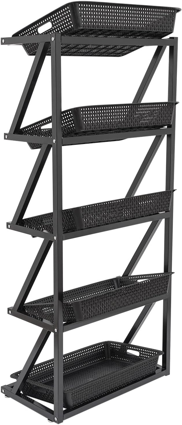 5 Tiers Retail Display Rack, Single Row Commercial Market Shelf Fruit and Vegetable Basket Stand Rack Set Snack Pantry Shelf Unit for Kitchen, Office, Store