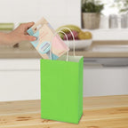 100 Pack 5.25x3.25x8.25 Inch Small Grass Green Kraft Paper Bags with Handles Bulk, Toovip Gift Wrap Bags for Favor Grocery Retail Party Birthday Shopping Business Goody Craft Merchandise Takeout Sacks
