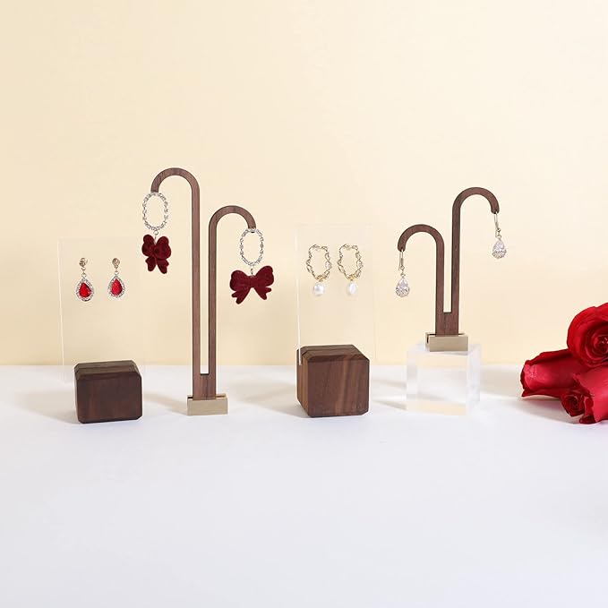 GemeShou 2 pcs walnut earring display stands for selling, cute earring hanger, wood hanging earring holder for boutique display【Y shape rectangle base-2pcs】