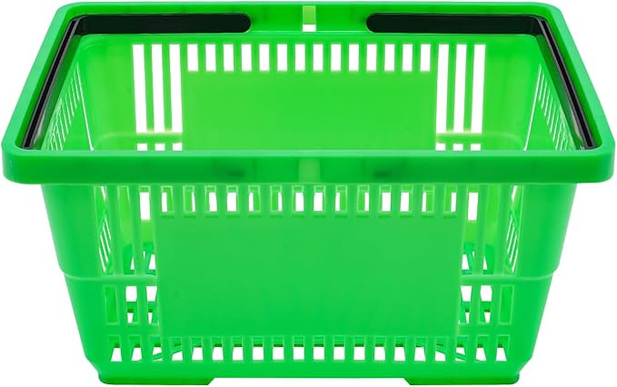 12 Pack Commercial Shopping Baskets - 28L Black/Yellow/Green Nesting Stackable Bins with Invisible Handle for Retail, Supermarket, Warehouse Durable Store Basket (Green)