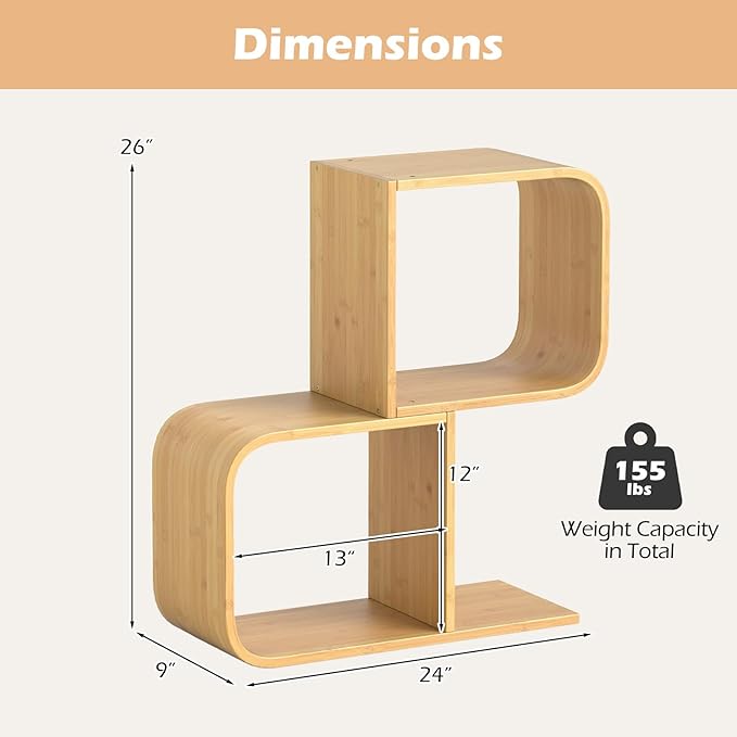 Giantex S-Shaped Bookcase Set of 2, 2-Tier Bamboo Bookshelf with 2 Open Cubes, Geometric Corner Display Shelf, Decorative Storage Organizer, Floor Storage Rack for Living Room, Home Office, Natural
