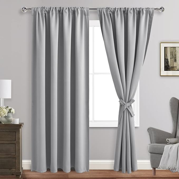 JIUZHEN Silver Grey Curtains for Living Room - Thermal Insulated Blackout Curtains with Tiebacks 2 Panels, Room Darkening Rod Pocket Curtains for Bedroom Office, 70 x 96 Inch Length