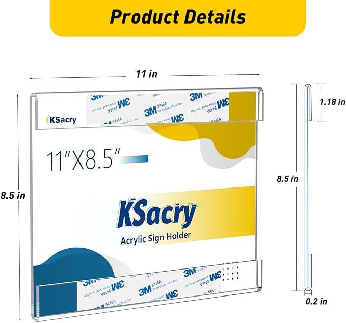 KSacry 6 Pcs Acrylic Sign Holder 11 x 8.5, Horizontal Wall Mount Sign Holders with 3M Adhesive, Clear Plastic Frames Paper Display Sign Holders for Office, Home, Store, Restaurant - No Drilling