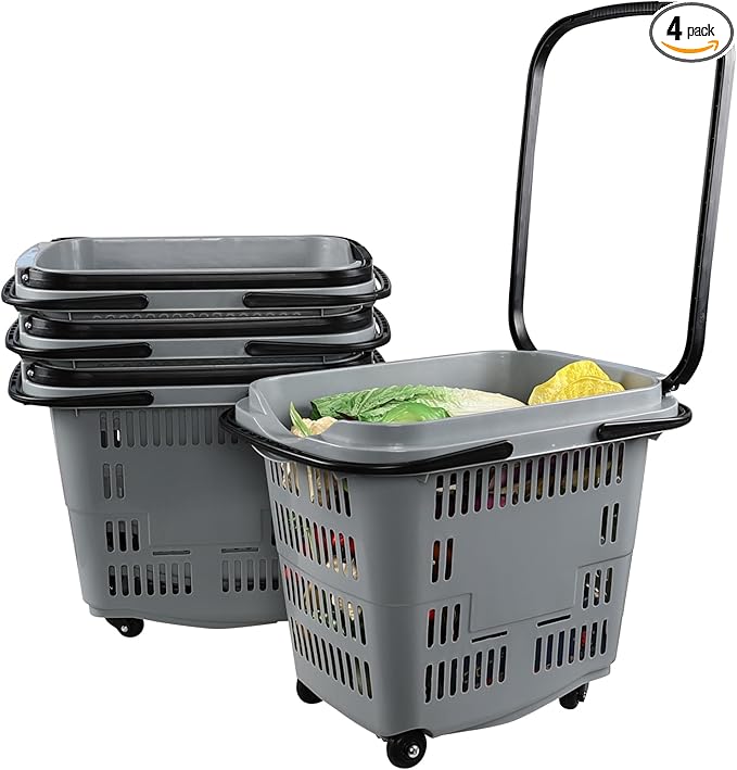 50 L Shopping Basket with Wheels and Handle, Grey Plastic Rolling Shopping Basket, 4 Packs