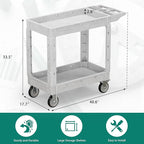 Heavy Duty Utility Rolling Tool Cart, 550 lbs Capacity Plastic Rolling Carts with 360°Swivel Wheels, 40 x 17 Inch Service Cart, 2 Shelf Work Cart for Warehouse,Garage, Cleaning, Grey