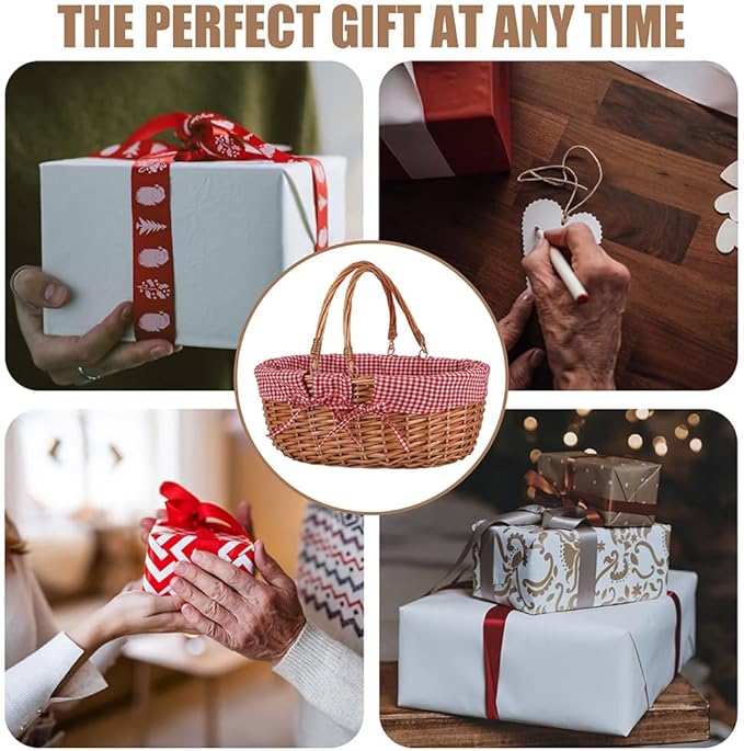 Large Wicker Picnic Basket with Handles,Handle Sturdy Woven Body with Removable and Washable Lining,Outdoor Camping,Gift Packing,Garden Picking, Storage.red