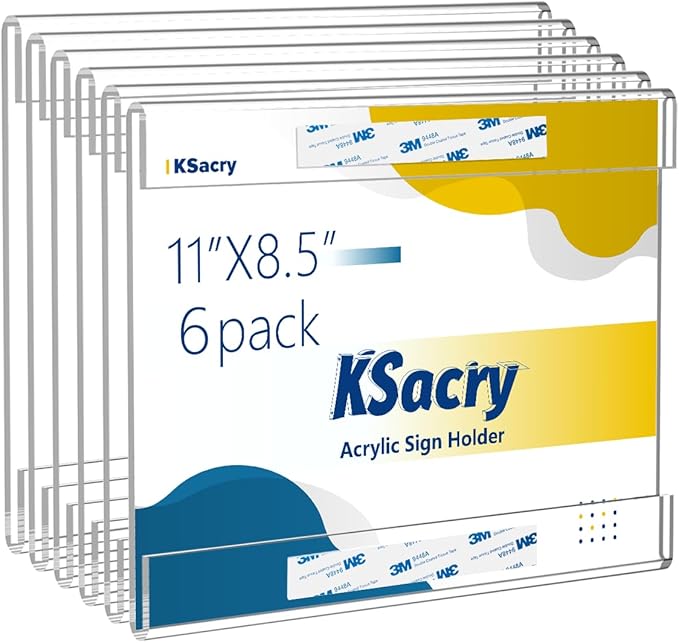 KSacry 6 Pcs Acrylic Sign Holder 11 x 8.5, Horizontal Wall Mount Sign Holders with 3M Adhesive, Clear Plastic Frames Paper Display Sign Holders for Office, Home, Store, Restaurant - No Drilling