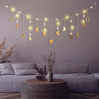 Moon Phase Wall Decor with LED String Light, 13 Gold Wood Boho Wall Hanging Decor Mood Garland 56'' - Celestial Phases Moon Decoration in Bohemian Style for Bedroom Living Room Thanksgiving Day Gifts