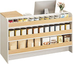 Modern Reception Desk Counter, Retail Counter Reception Desk with Lockable Drawers, Retail Checkout Counter with Open Shelves (White-You)
