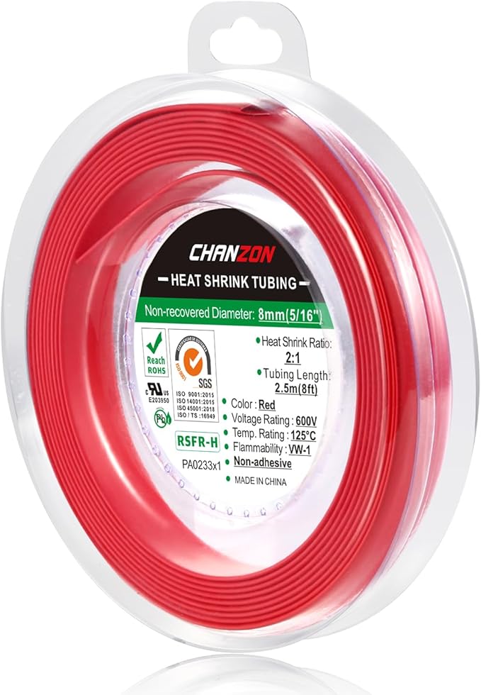 Chanzon 2:1 Ratio 5/16" (8mm) Heat Shrink Tubing 8Ft Roll (2.5M Total Length) Red Polyolefin Sleeving Wrap Shrinking 2 to 1 1pcs