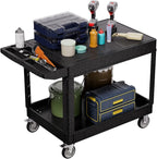 2 Tier Plastic Rolling Utility Cart on Wheels, Heavy Duty Tool Cart with Deep Shelves and 360° Swivel Wheels Holds up to 550 lbs, Service Cart for Garage, Warehouse, Cleaning (Black-L-Flat Top)