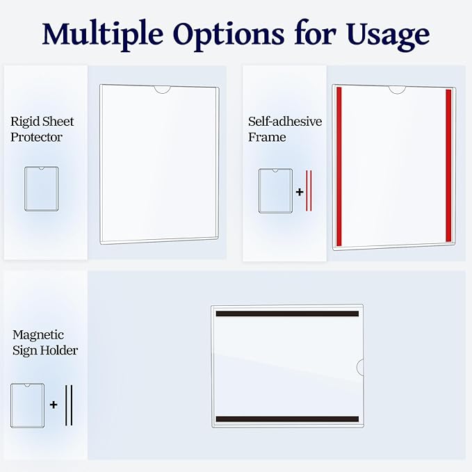 5 Pack Magnetic Sign Holder 8.5 x 11 - Rigid Sheet Protectors with Magnetic Strip Adhesive Strip, Adhesive Frames 8.5 x 11 Magnetic Picture Frames for Refrigerator,Whiteboard,Wall,Door,Window
