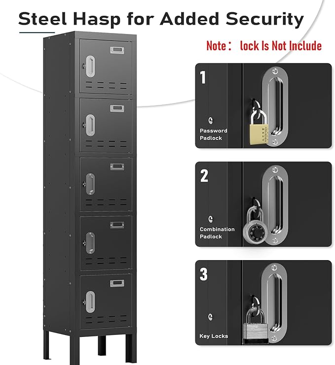 Metal Lockers - 66" Height Steel Lockers for Employees with 5 Door Storage Locker with Card Slot for Employees Gym School Home Office Garage - Assembly Required