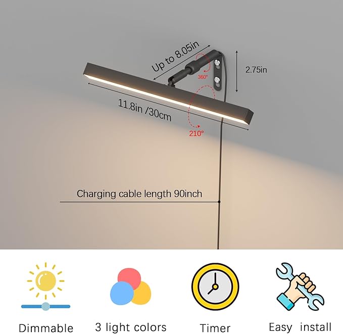 4W Plug in Picture Light for Paintings with Remote Control, 12" LED Art Display Lighting for Gallery, Dartboard, Artwork, Black Wall Mounted Picture Frame Light