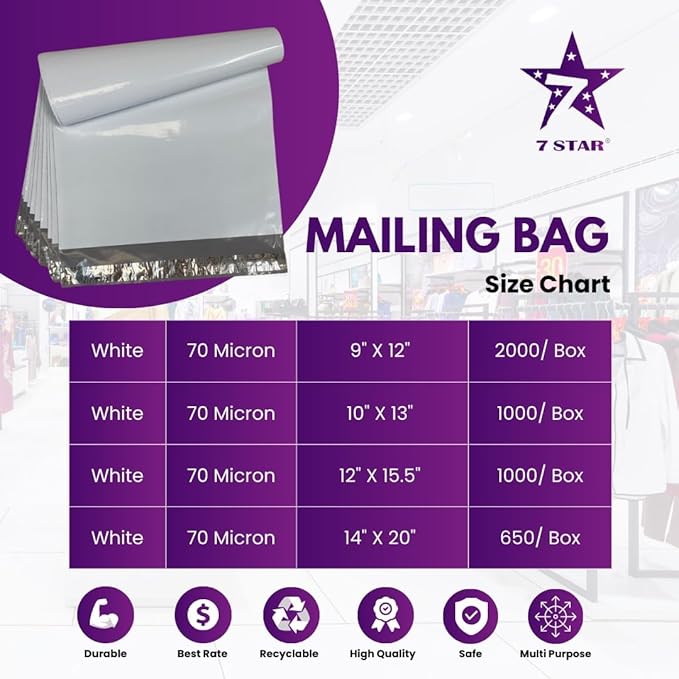 7STAR 9x12 Poly Mailers – Self-Sealing Shipping Envelopes, Tear-Resistant Waterproof Mailing Bags, 2.75 Mil Thick – Available in 1000 or 2000 Count (White, 9" x 12", 2000, Count, 1)