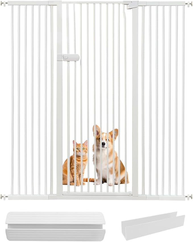 Lumizone Extra Tall Cat Gate 61.02" High Pressure Mounted Extra Wide 2025 New (17 Sizes) 1.37" Gap No Drilling Auto-Close One-Handed Operation Tall Pet Gate for Dogs(White, 61.02" H x 29.92"-59.44" W)