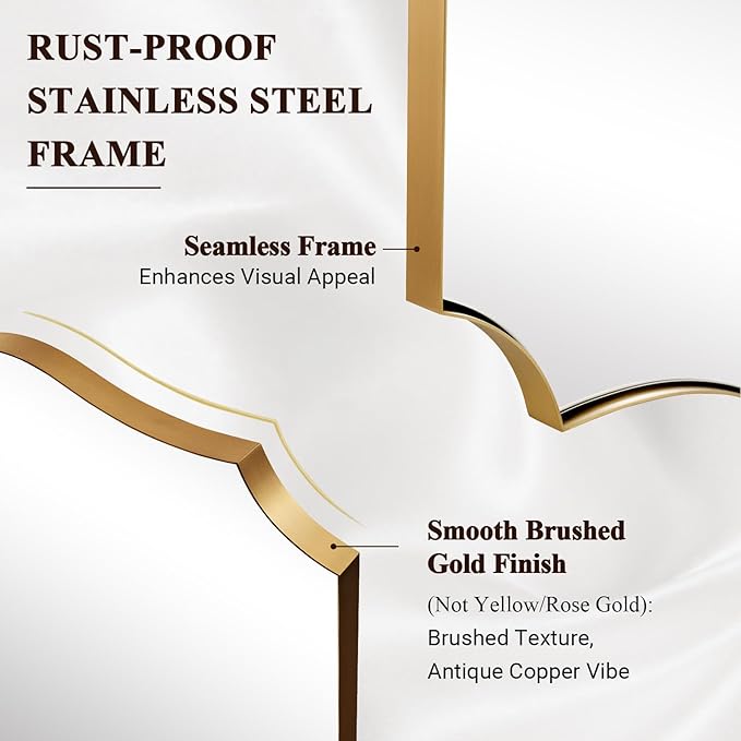ANDY STAR 30x48 Inch Gold Bathroom Mirror, Large Brushed Gold Rectangle Mirror, Antique Brass Mirror in Rust-Proof Stainless Steel 1" Frame, Unique Wavy Frame Design, Vertically/Horizontally