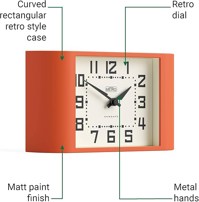 NEWGATE® Mini Metro Desk Clock | Retro Mantel Clock | Orange | Mid Century Style for Desk, Table top, Shelf or Bedside
