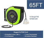 Retractable Extension Cord Reel, 65 Feet 12 AWG/3C SJTOW Heavy Duty Power Cord,15 AMP Circuit Breaker, 3-Lighted Triple Outlets, Ceiling or Wall Mount,Green
