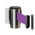 Montour Line WM115 Wall Mounted Retractable Belt Barrier with Standard Belt End, Fixed Mount, Polished Stainless Steel Casing (8.5 ft Purple Belt)