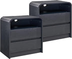 25" Tall Modern Nightstand Set of 2, 23.6'' Wide Wood Bedside Table w/2 Storage Drawers, Charging Station, Mid Century End Table for Bedroom, Living Room,Curved Profile Design, Black