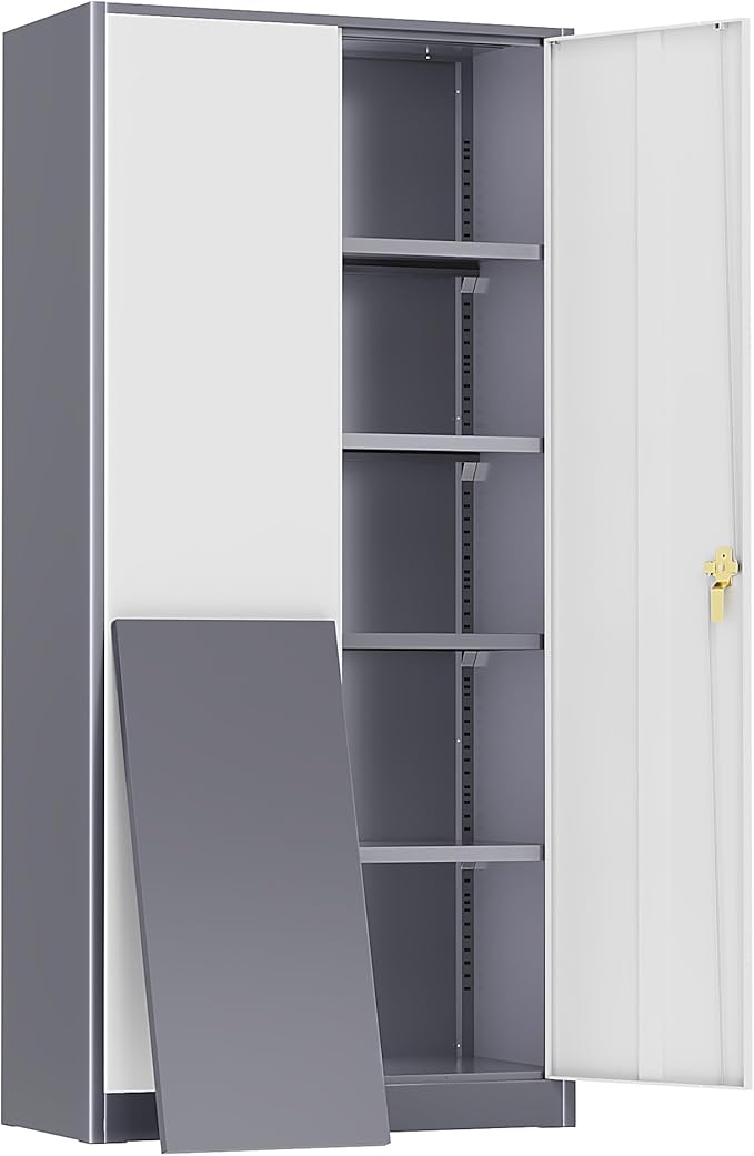 Greenvelly Metal Storage Cabinet, 72" Locking Metal Garage Storage Cabinet with Doors and 4 Adjustable Shelves, Lockable Steel Cabinet for Home Office, Garage, Shop, School (White Grey 32" W x 16" D)