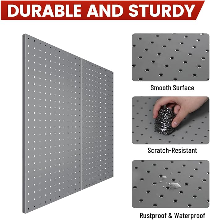 Pegboard, Metal Peg Board, Pegboards Wall Organizer with 57 Pcs Hooks, Sturdy Peg Board for Garage Tool Organization, Home & Office Wall Decoration (Grey, 3 Pack)