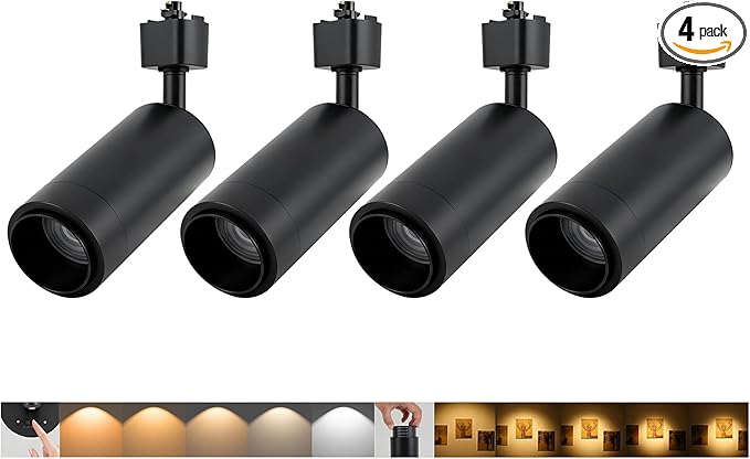 5CCT LED Track Lighting Heads Dimmable 20W 5CCT 2700K/3000k/3500k/4000k/5000k,Versatile H Track Lighting Heads,Zoomable Beam 15° to 60° Ideal for Accent Art and Task Lighting, (Black, 4 Pack)