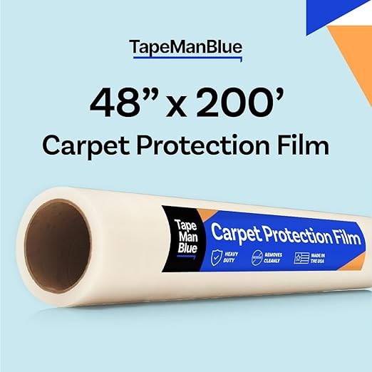 TapeManBlue Carpet Protection Film, 48 inch x 200 feet, Made in The USA, Strong and Durable Plastic Carpet Protector with Easy Unwind and Clean Removal, Clear Self-Adhesive Surface Protective Film