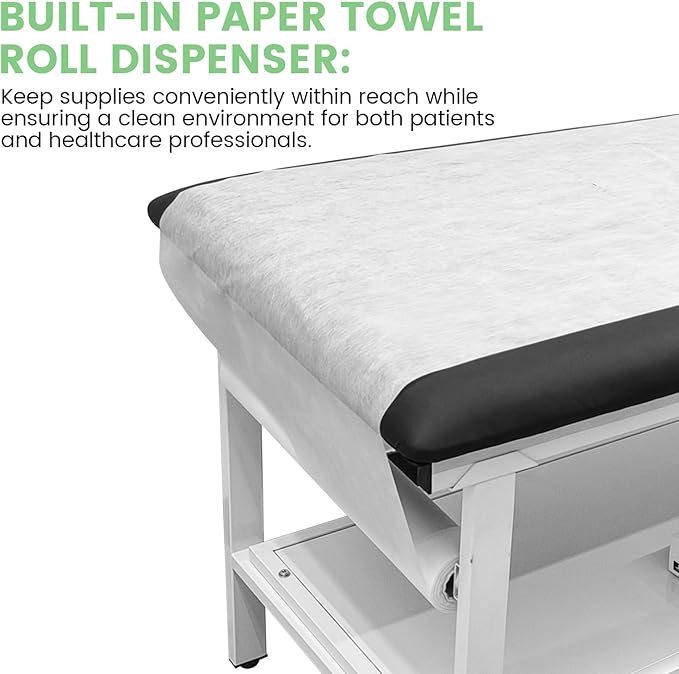 Adjustable Exam Table with Paper Roll Dispenser & Shelf, Physical Therapy Medical Exam Table, Patient Examination Bed, Durable, Low Maintenance and Holds Up to 400 Lbs (Black)