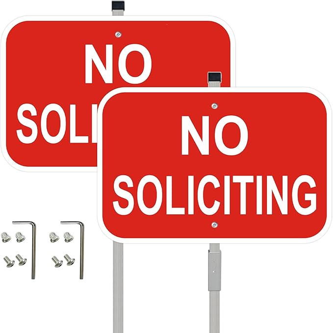 No Soliciting Sign with Stakes, Red Aluminum, 12 x 8 Inch, Heavy Duty Metal Signs, 28 Inch Stakes for Yard, Home Decor, 2 Pack
