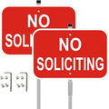 No Soliciting Sign with Stakes, Red Aluminum, 12 x 8 Inch, Heavy Duty Metal Signs, 28 Inch Stakes for Yard, Home Decor, 2 Pack