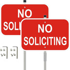 No Soliciting Sign with Stakes, Red Aluminum, 12 x 8 Inch, Heavy Duty Metal Signs, 28 Inch Stakes for Yard, Home Decor, 2 Pack